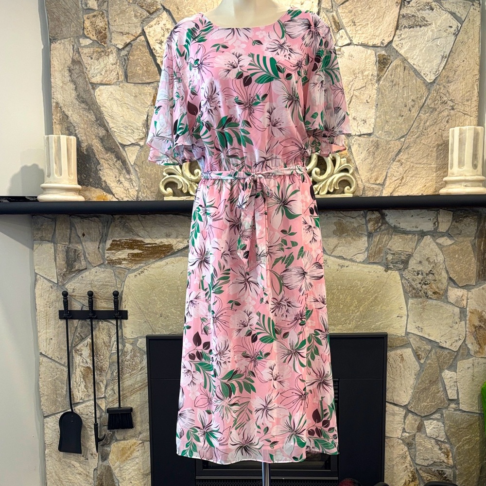 Kasper Pink and Green Floral Midi Dress